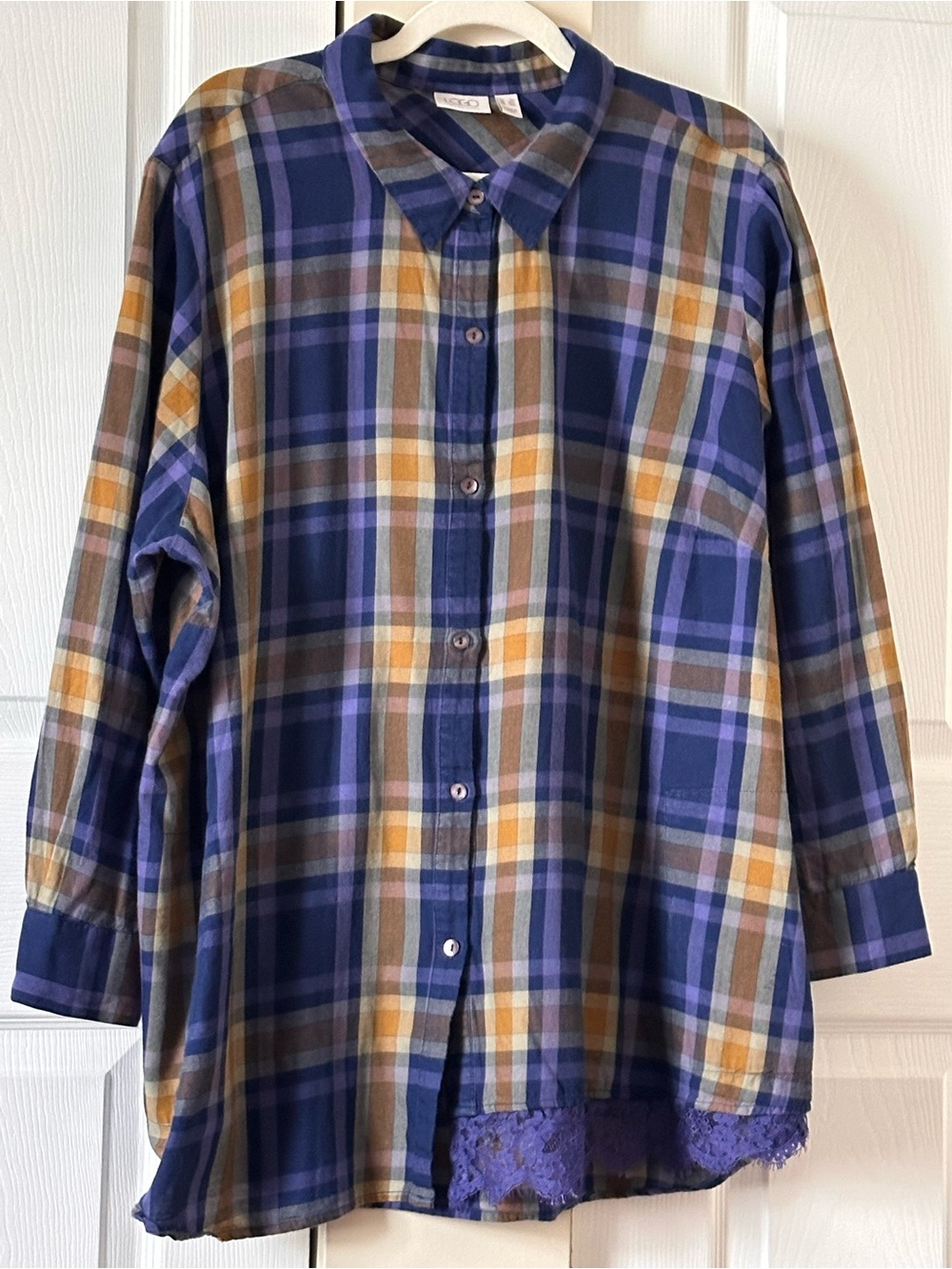 Women’s LOGO Lori Goldstein Blue Purpke & Yellow Plaid Button-Up Shirt Sz:3X GUC - Picture 2 of 13